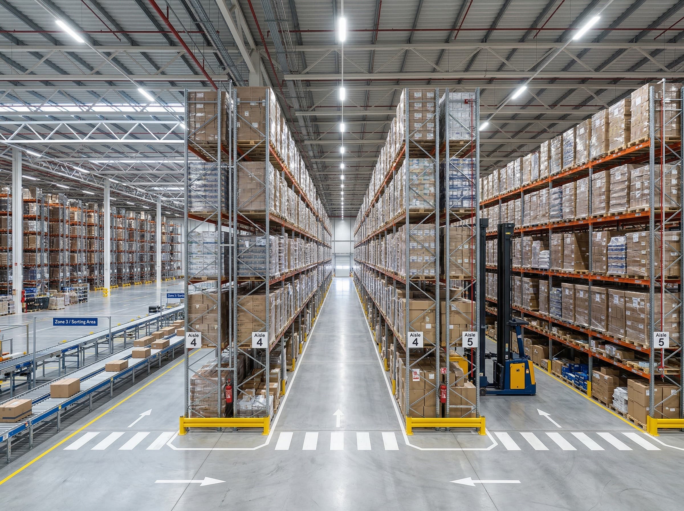 Modern automated warehouse with stacked inventory