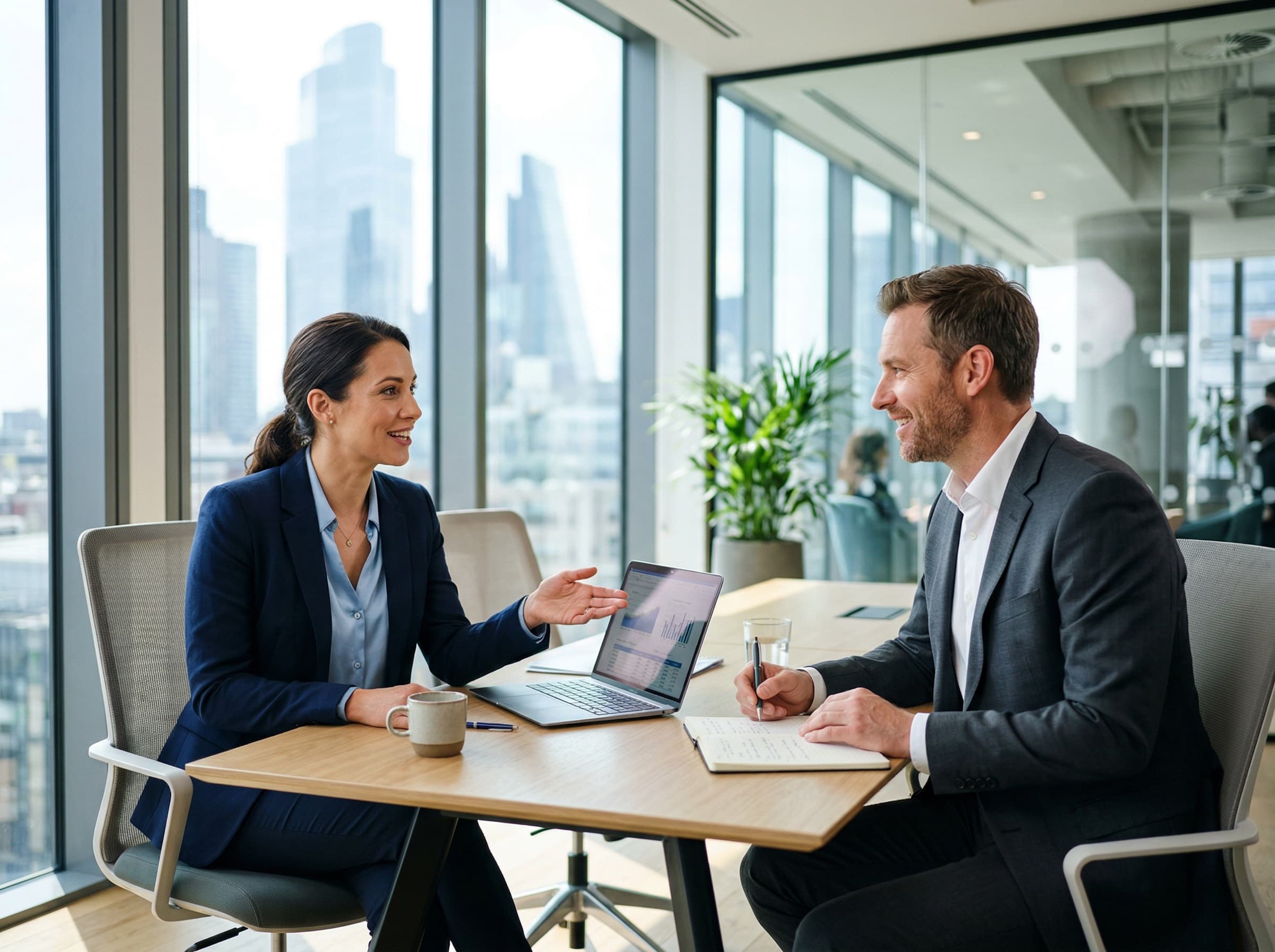 Consultants collaborating in a glass-walled meeting room